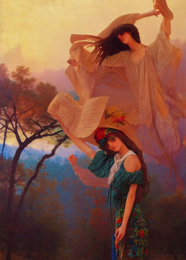 Two women in flowing dresses in a hazy autumnal landscape