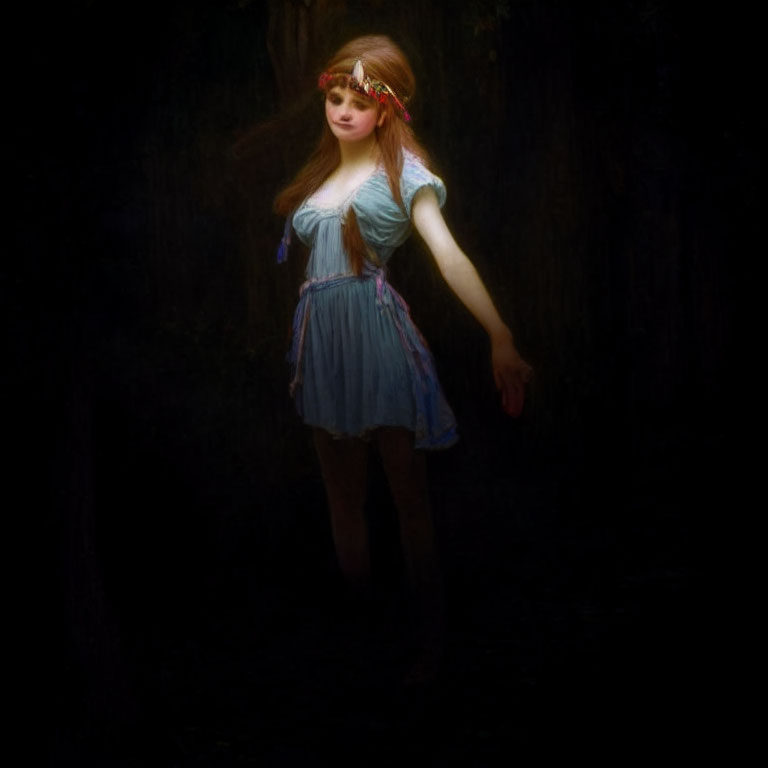 Young woman in blue dress and red headband in dimly lit setting.