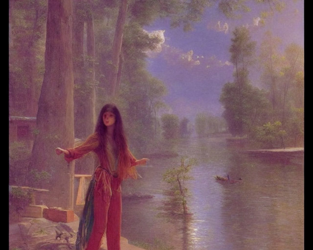 Young woman in colorful attire by tranquil river with boat and cat