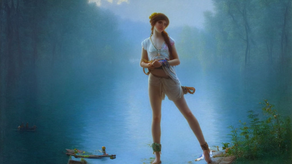 Digital composite of modern girl in shorts and sneakers blending with classical landscape painting