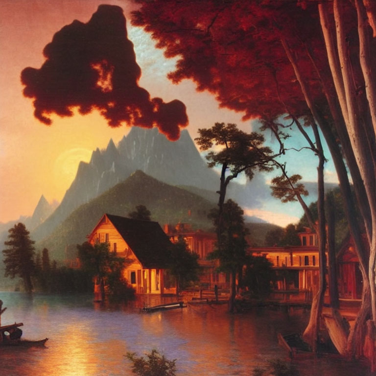 Scenic lakeside village painting with vibrant colors and sunset ambiance