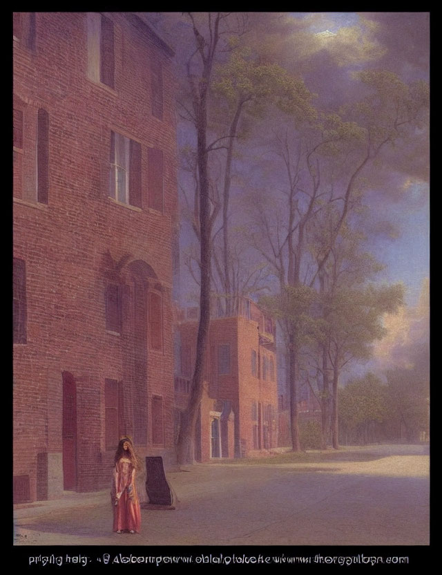 Woman in red dress on serene street at dusk with pinkish buildings and glowing sky