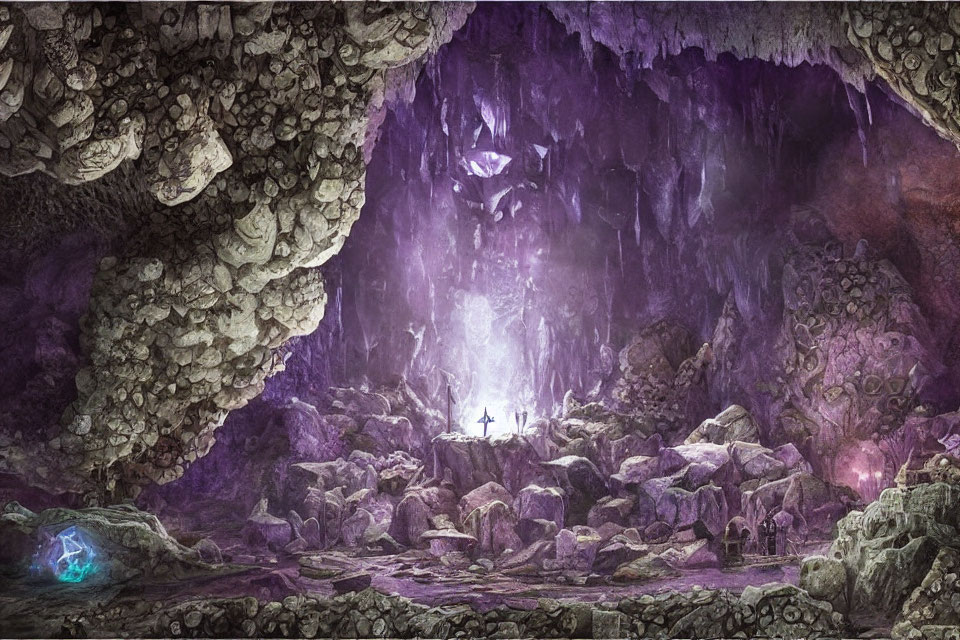 Mystical underground cavern with purple glow and lone figure surrounded by rocks and crystals