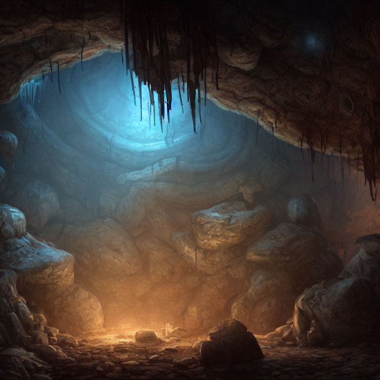 Mysterious Cave with Warm and Blue Glowing Lights