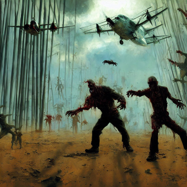 Dystopian scene with zombies, helicopters, and fenced city under gloomy sky