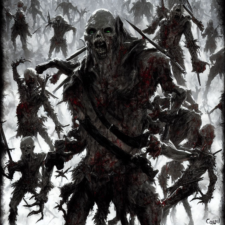 Dark-toned artwork featuring a horde of zombies led by a glowing-eyed figure