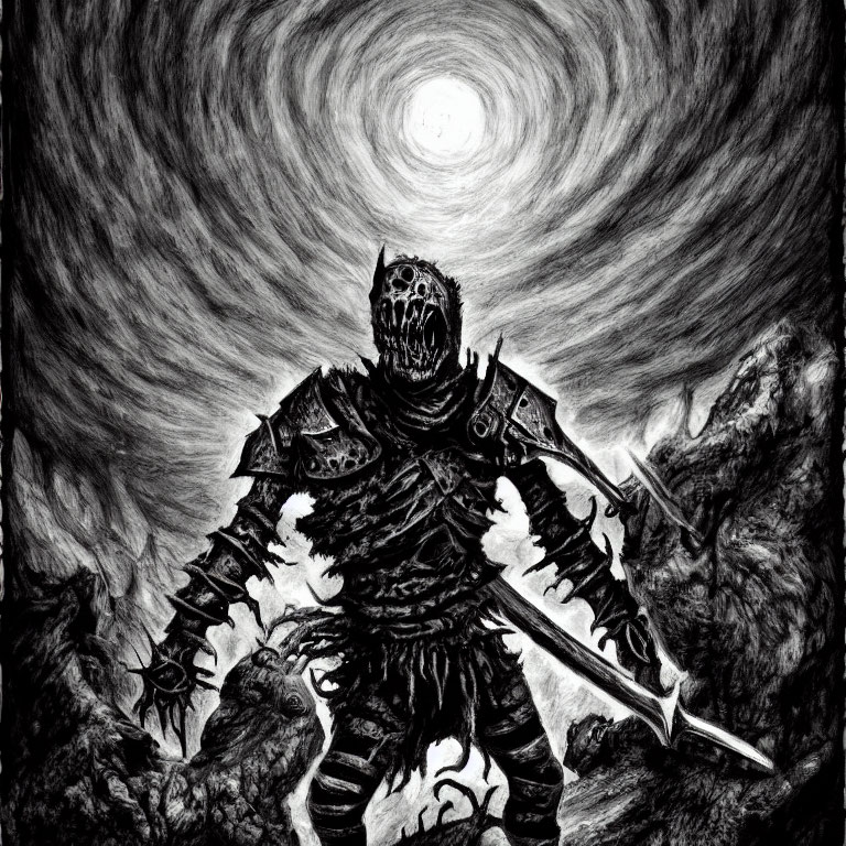 Monochrome drawing of armored knight under swirling sky