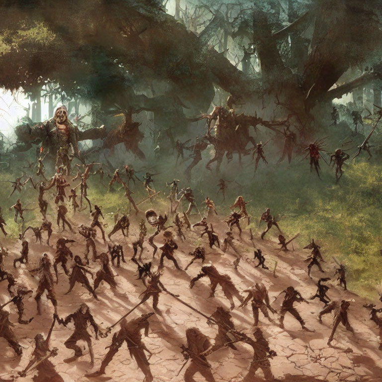 Skeletal warriors in misty forest led by cloaked figure