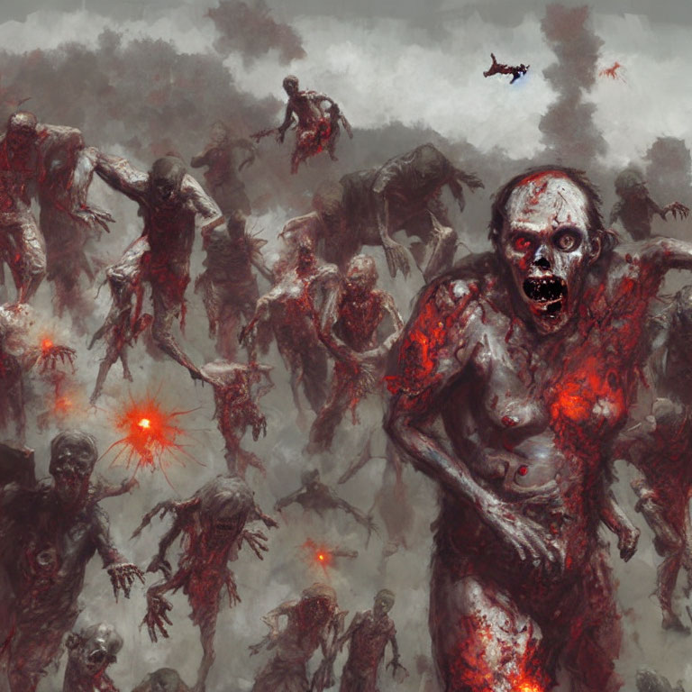 Glowing red-eyed zombies in foggy landscape