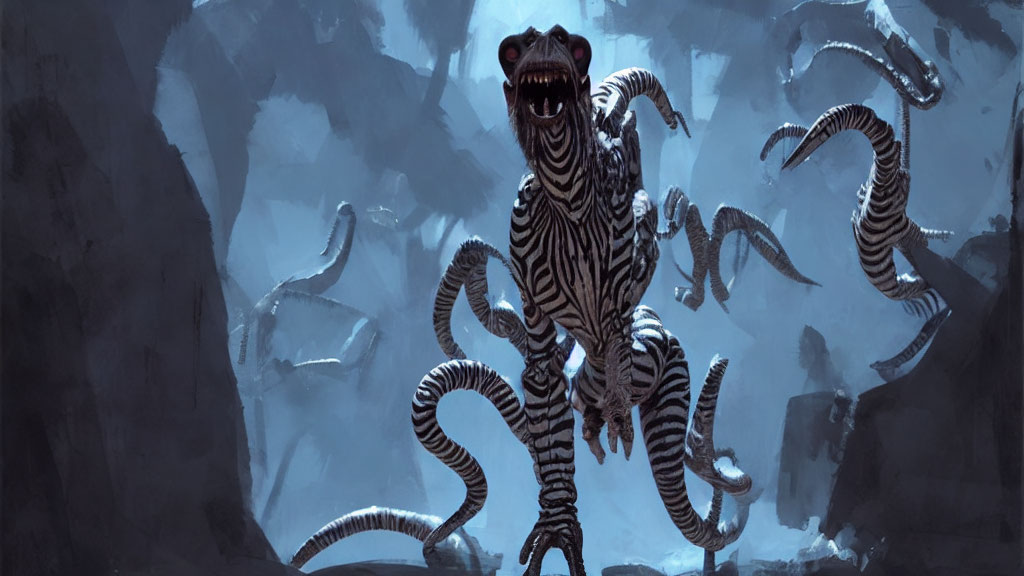 Fantastical creature with zebra-striped tentacles in misty landscape