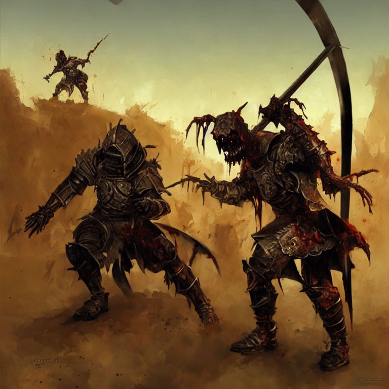 Armored warriors with demonic features in combat against a dusty backdrop