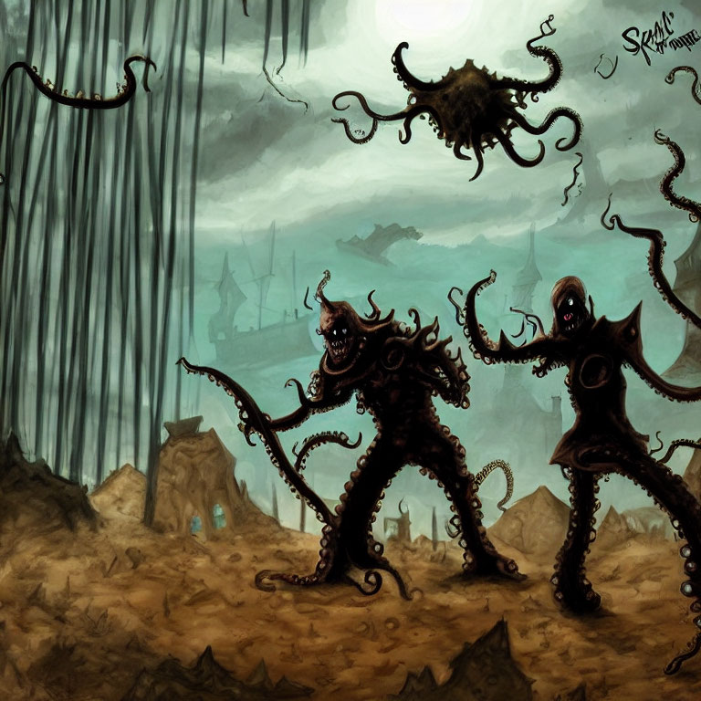 Dark, eerie landscape with shadowy tentacled creatures on barren ground under gloomy sky.