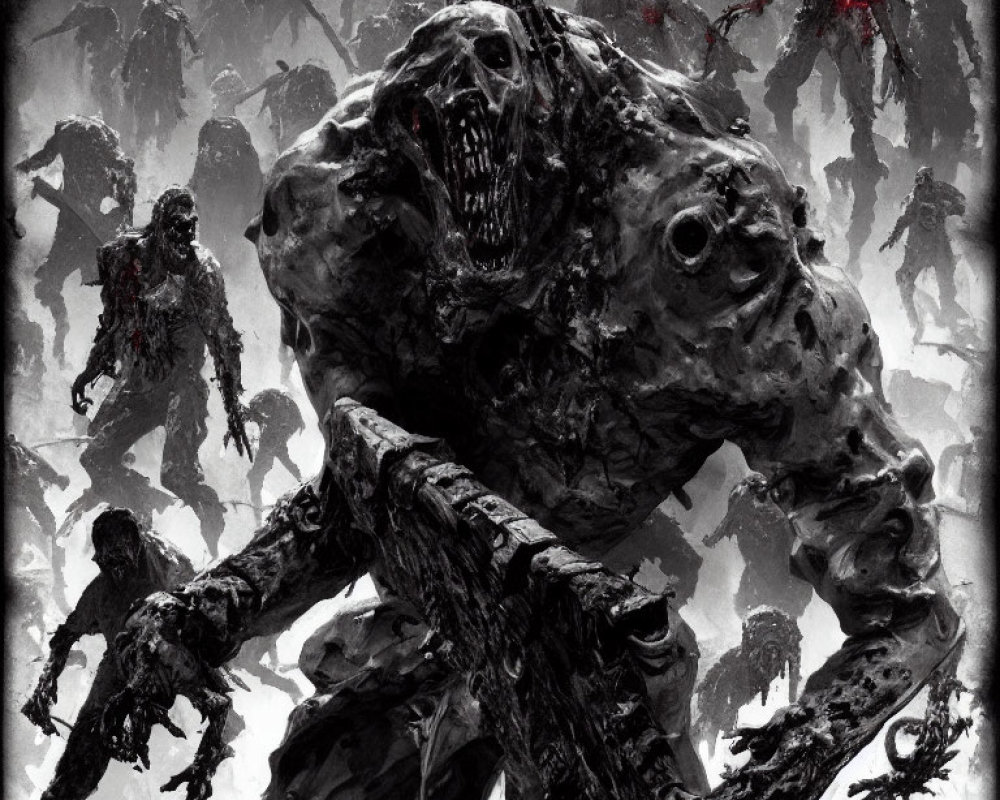 Monochromatic image of zombie horde with oversized figure