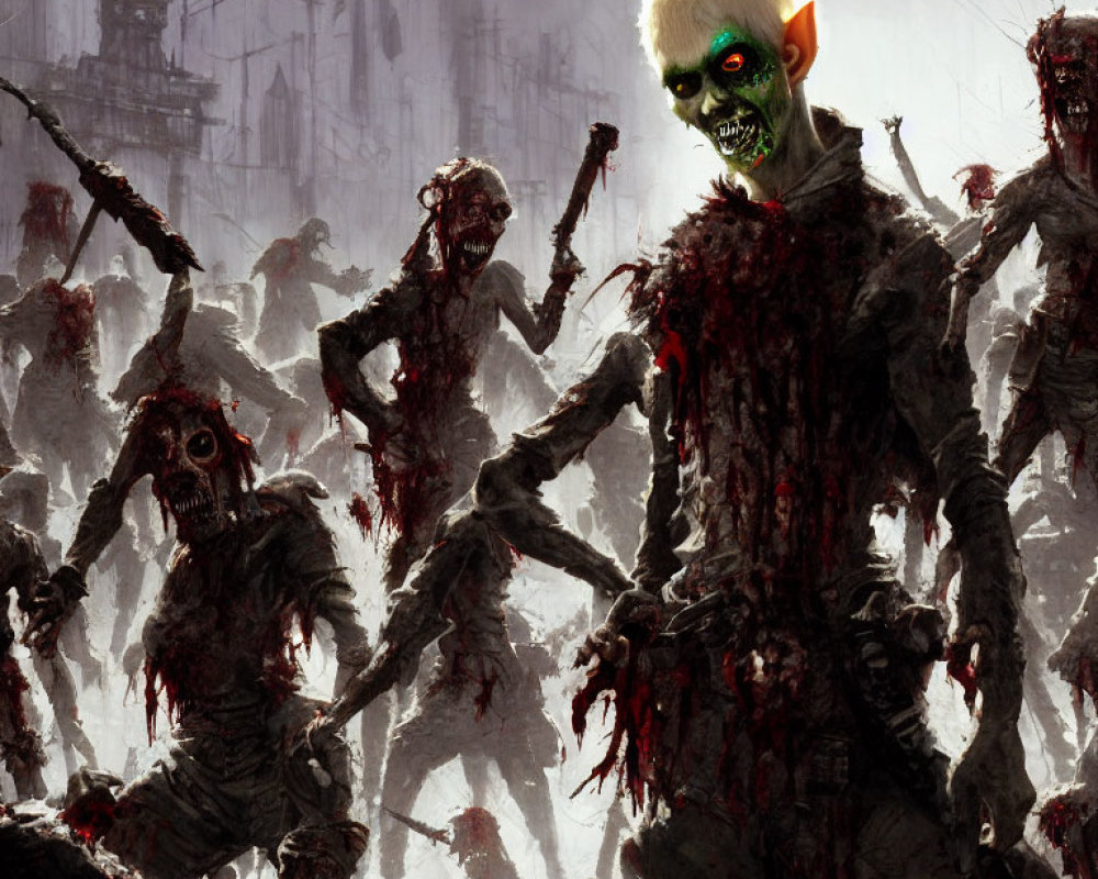 Gruesome zombies with green eyes in eerie setting