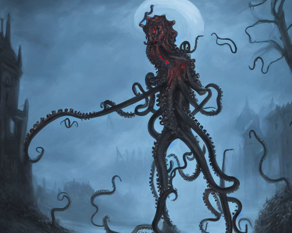 Red-eyed octopus creature in moonlit haunted forest with castle silhouette