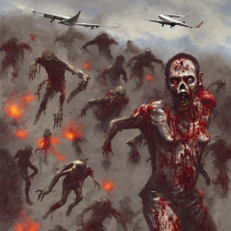 Apocalyptic scene with zombie-like creatures and glowing red spots under ominous planes