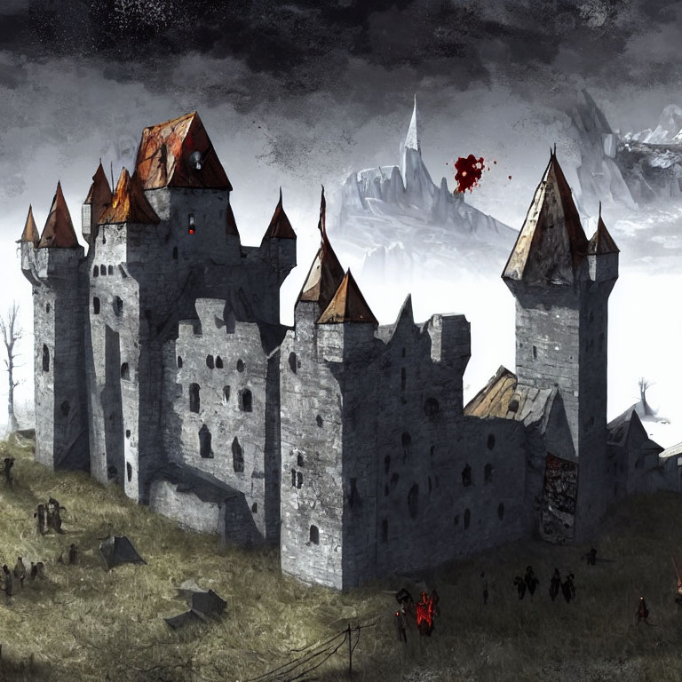 Medieval castle ruins with bleak landscape and small figures