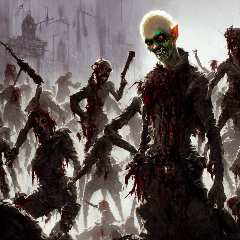 Gruesome zombies with green eyes in eerie setting