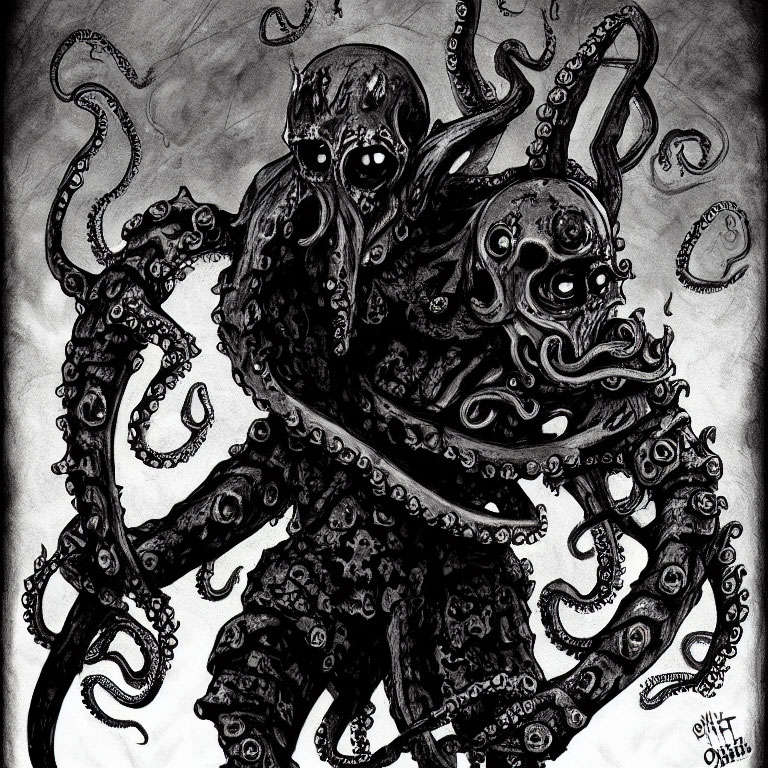 Detailed monochrome octopus sketch with intricate patterns and surreal, sinister appearance