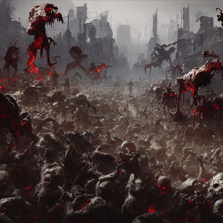 Post-apocalyptic cityscape overrun by hordes of gruesome zombies