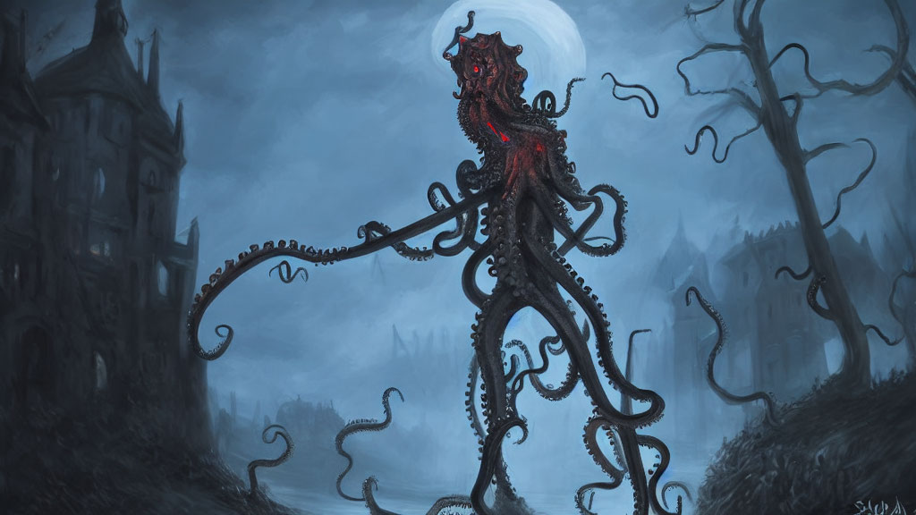 Red-eyed octopus creature in moonlit haunted forest with castle silhouette