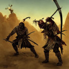 Armored warriors with demonic features in combat against a dusty backdrop