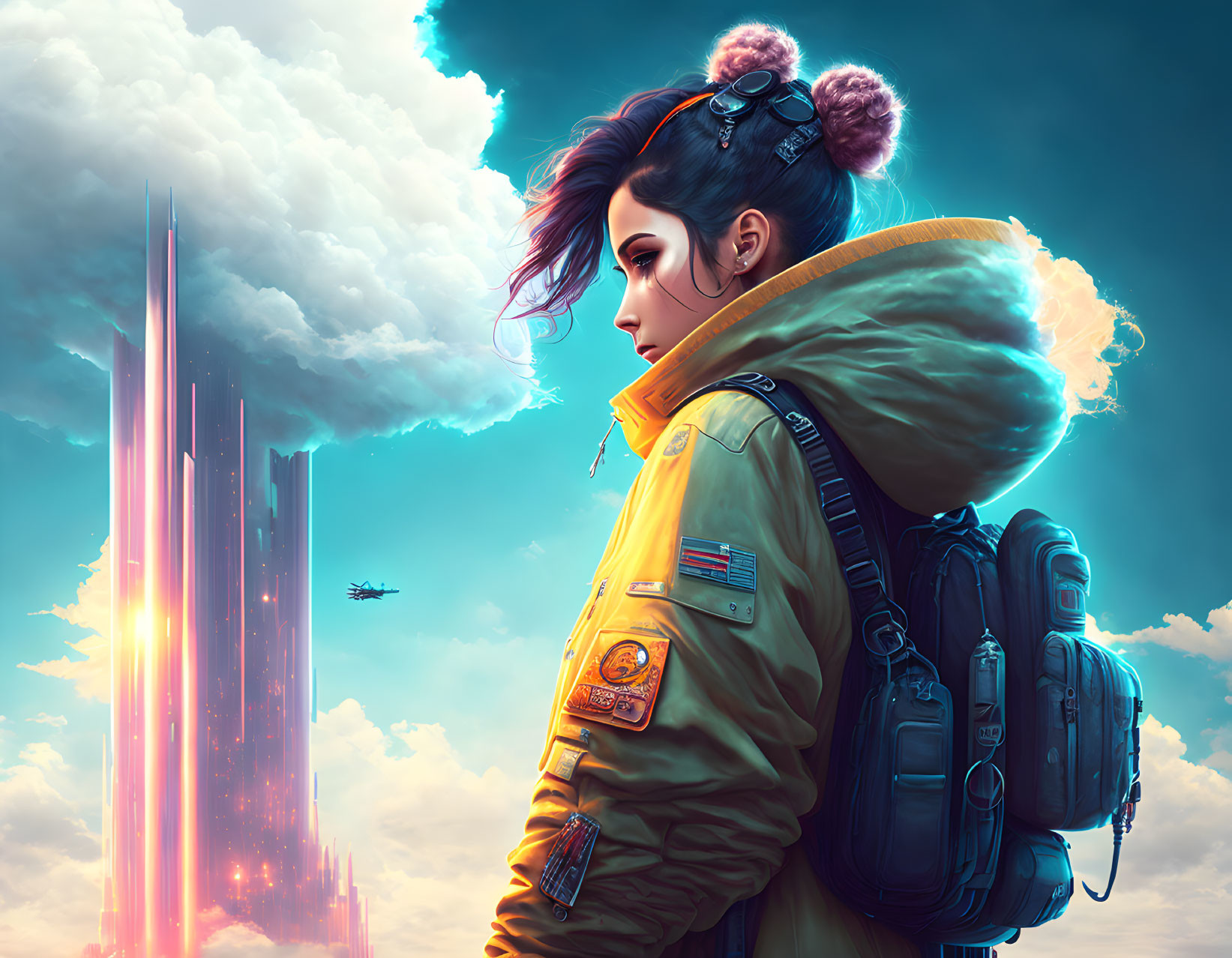 Vibrant hair woman in green jacket with futuristic cityscape.