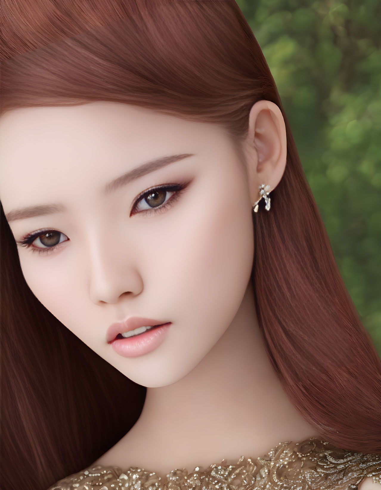 Hyper-realistic digital portrait of woman with auburn hair, subtle makeup, and sparkling earring