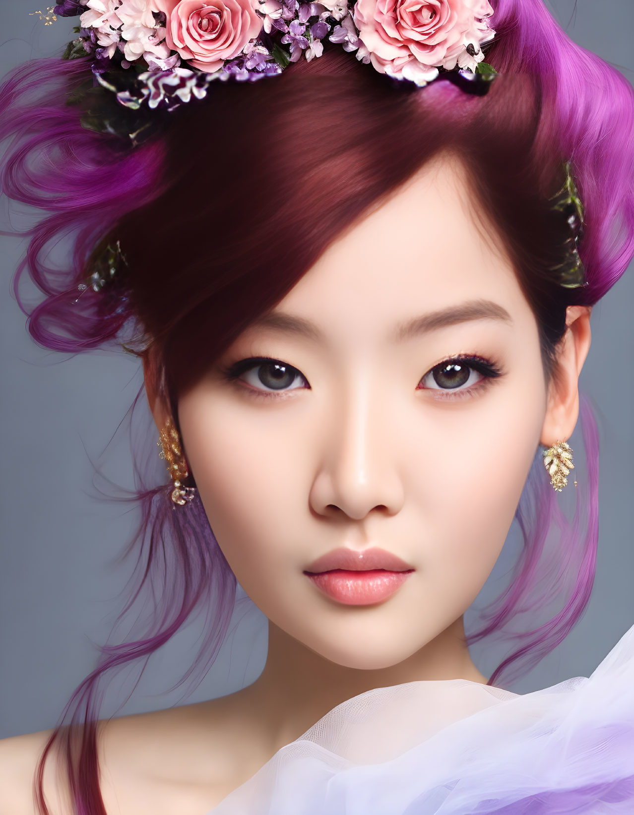 Purple-haired woman with floral hair accessories, subtle makeup, and elegant earrings on gray backdrop