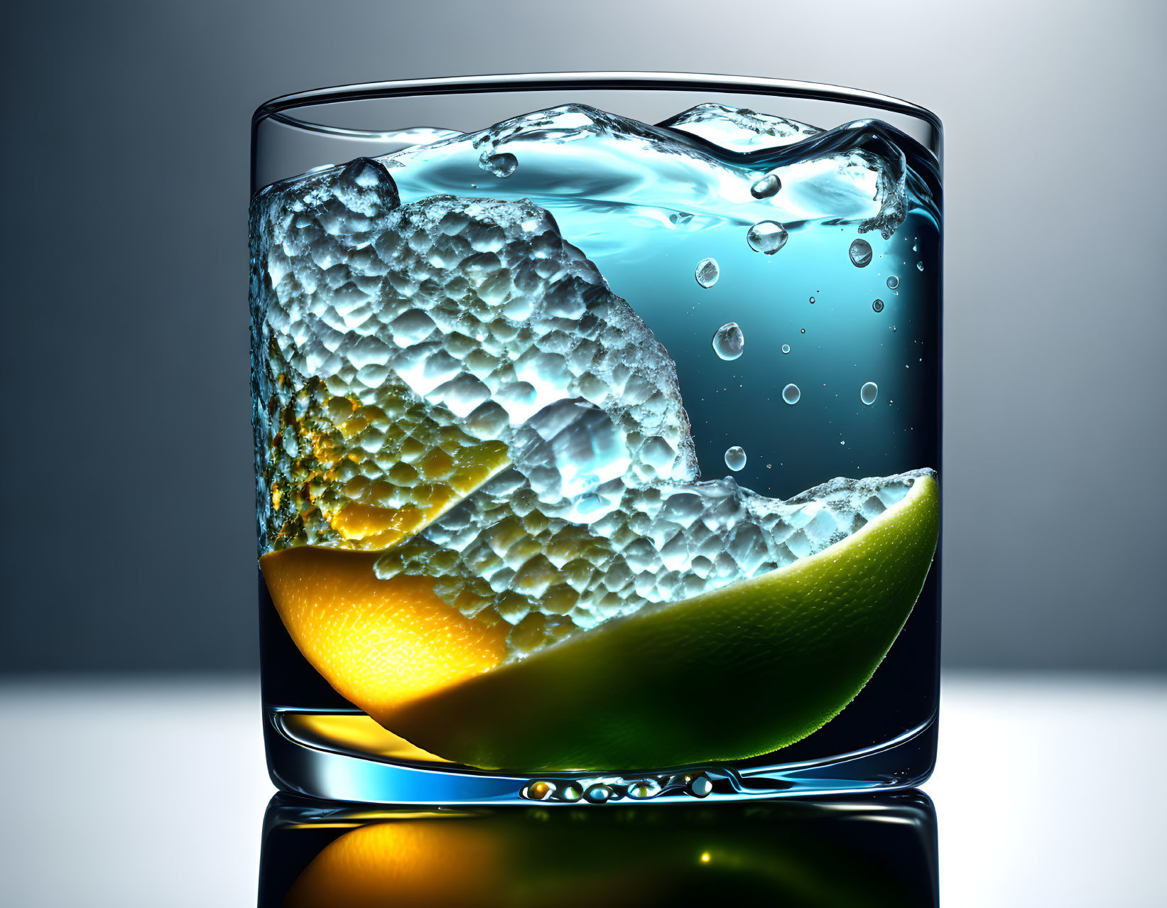 Close-up of glass with water, ice cubes, lime slice under dramatic backlighting