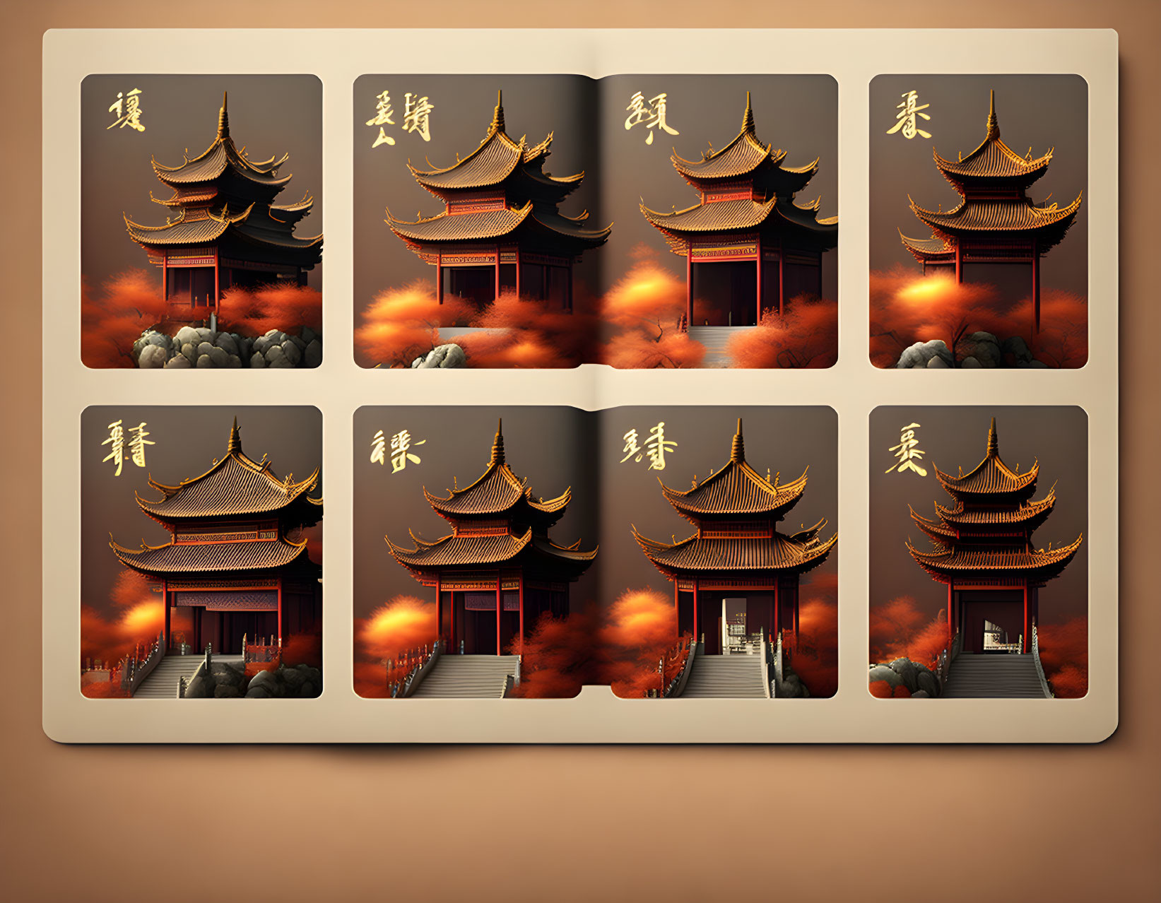 Six-panel artwork featuring traditional Asian pagoda in fiery autumn foliage with Chinese characters.