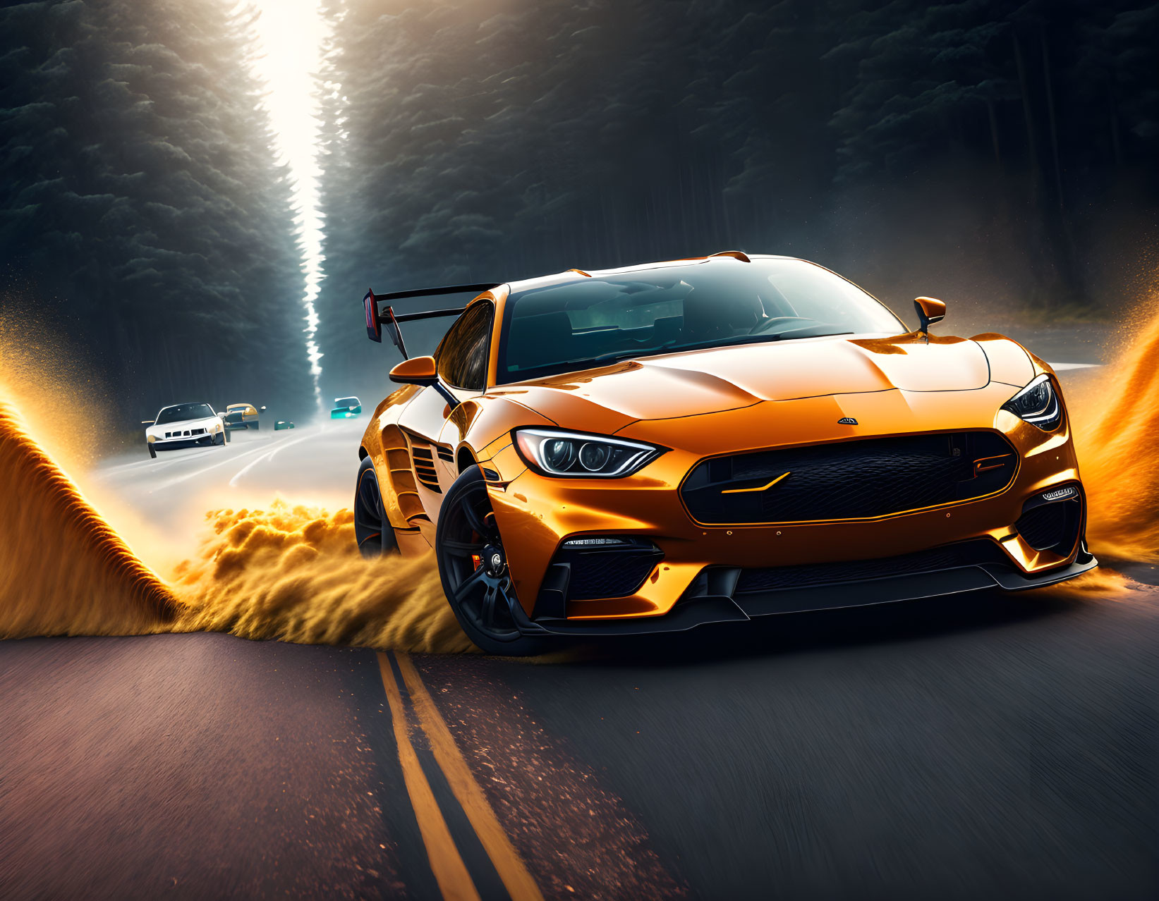 Bright orange sports car racing through forest with sun rays filtering through trees