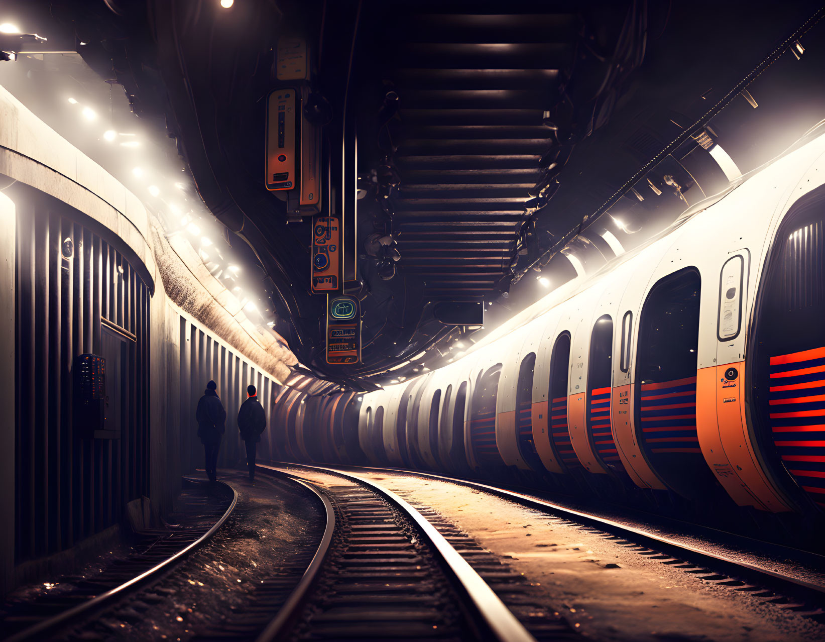 Dimly Lit Subway Station with Orange and White Train and Silhouette Walking