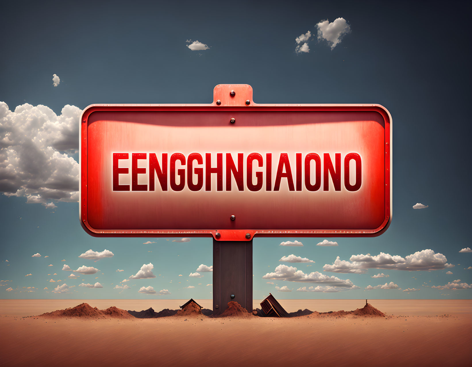 Distorted red road sign in barren desert landscape