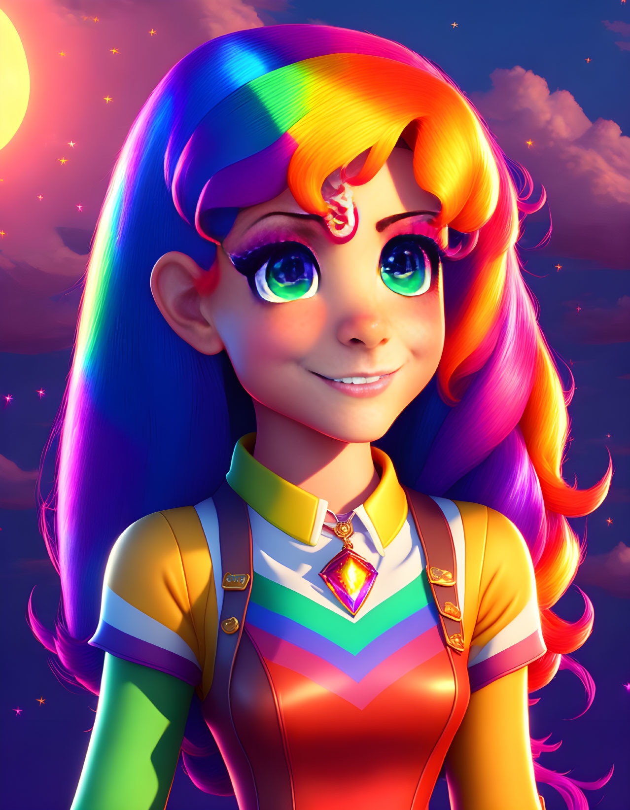 Colorful digital artwork: Smiling girl with rainbow hair and magical amulet