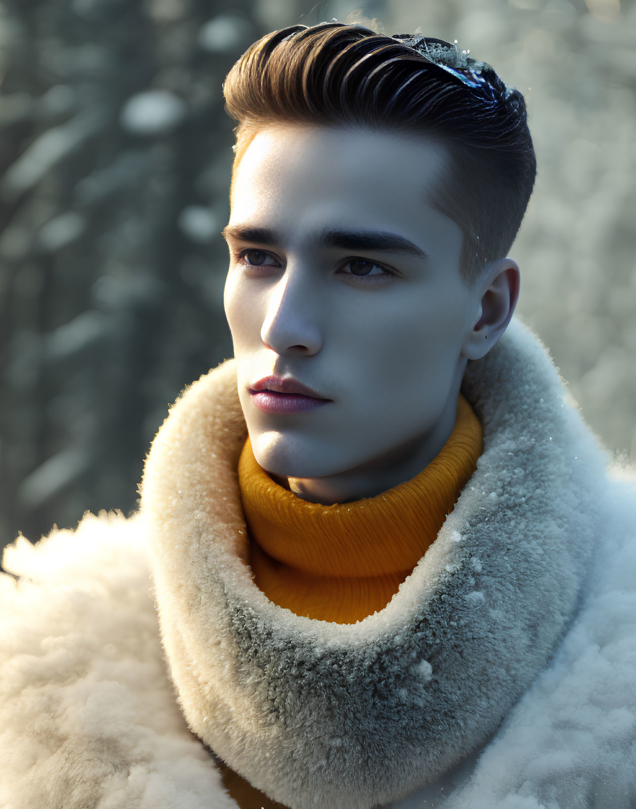 Young man in white fur coat and yellow turtleneck, portrait with slicked-back hair and blurred