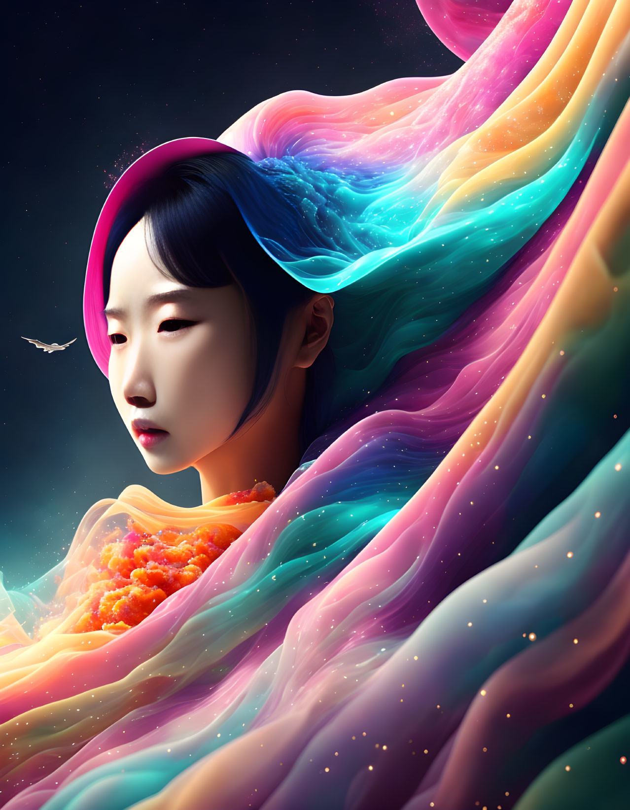 Colorful cosmic waves flow from woman's hair in vibrant, star-filled portrait