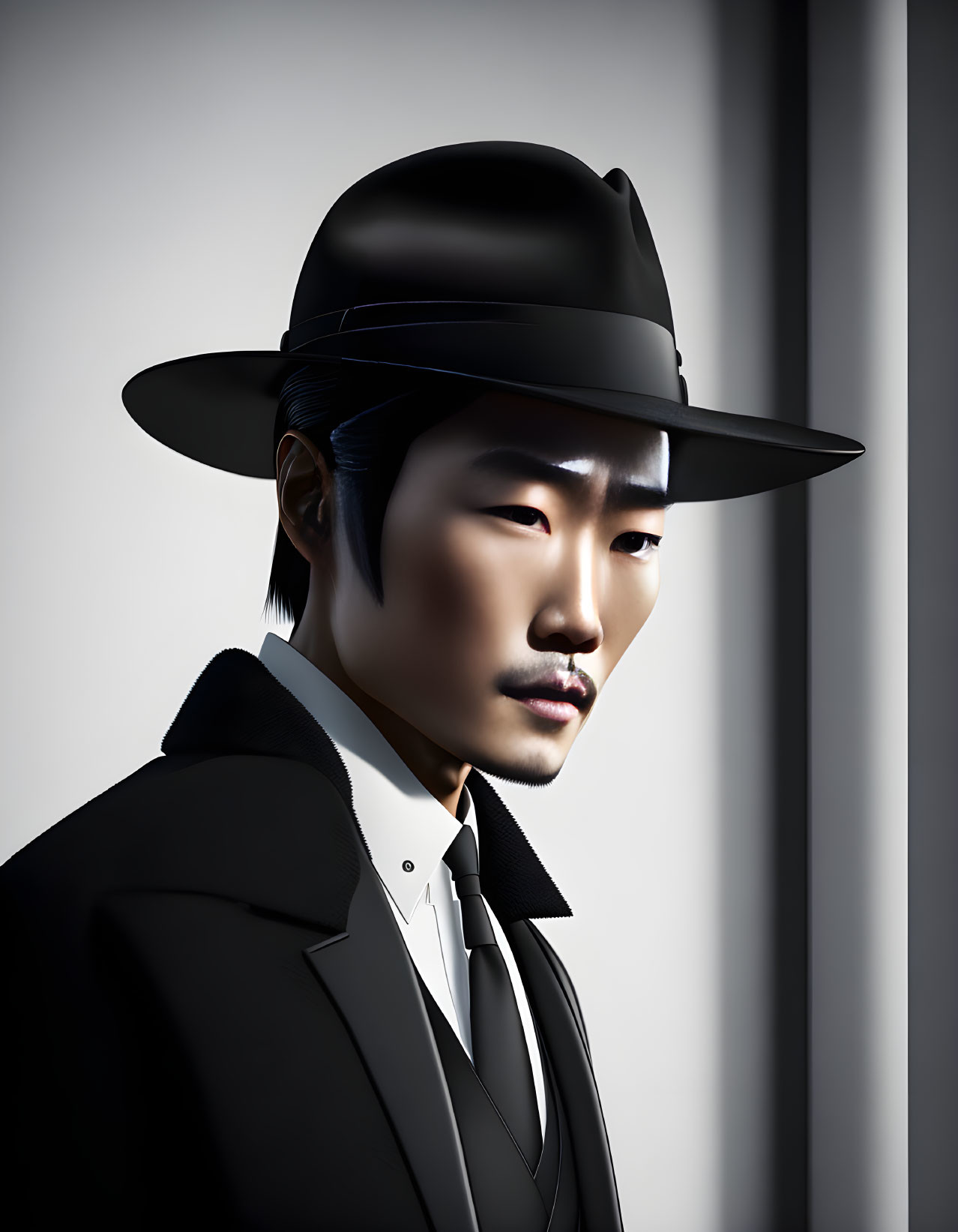 Digital portrait of an East Asian man in fedora, suit, and tie with shadowed face.