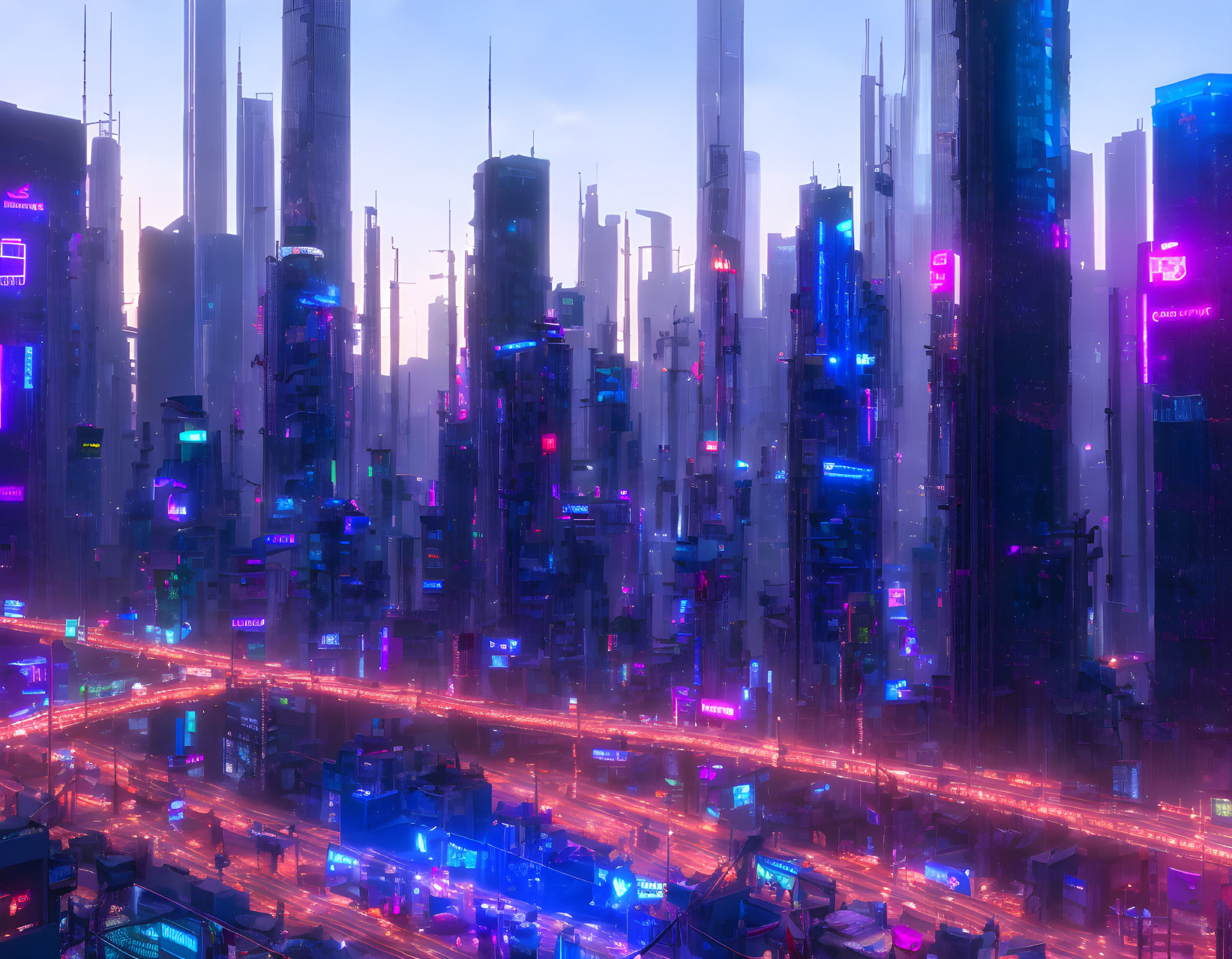 Futuristic cityscape at dusk with neon lights and skyscrapers