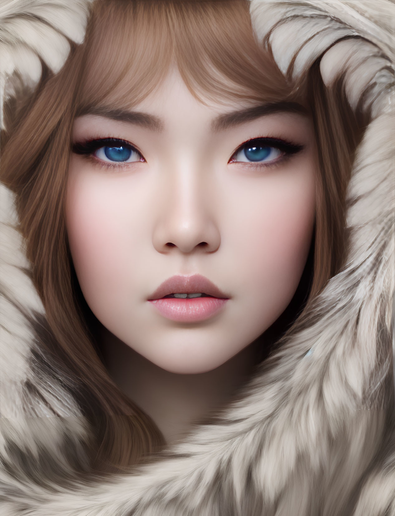 Close-up portrait of woman with blue eyes in white fur-trimmed hooded garment