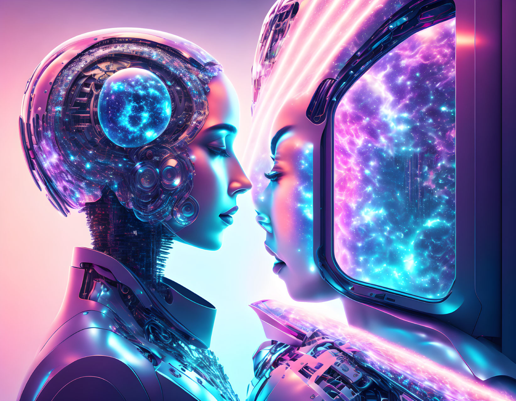 Intricate humanoid robots with cosmic head designs in galactic setting