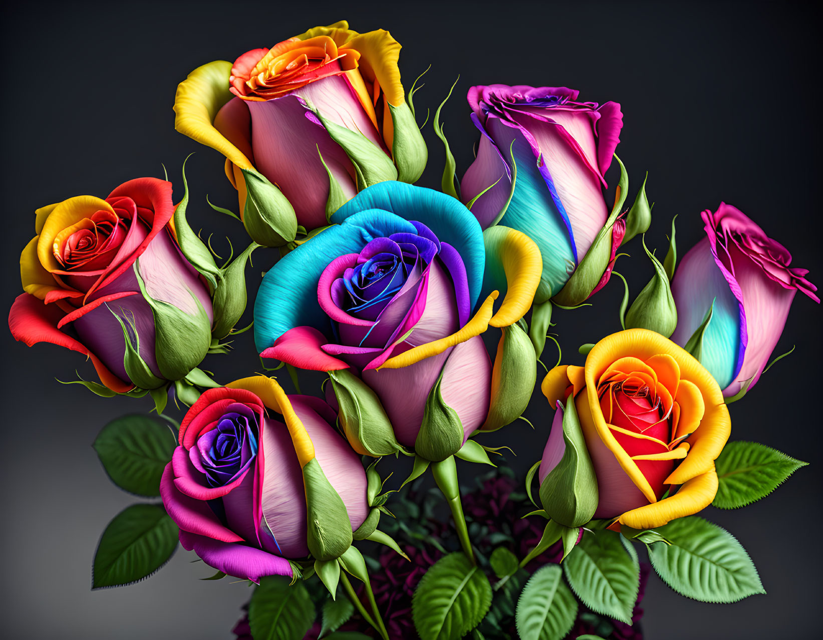 Multicolored rainbow rose bouquet on dark background