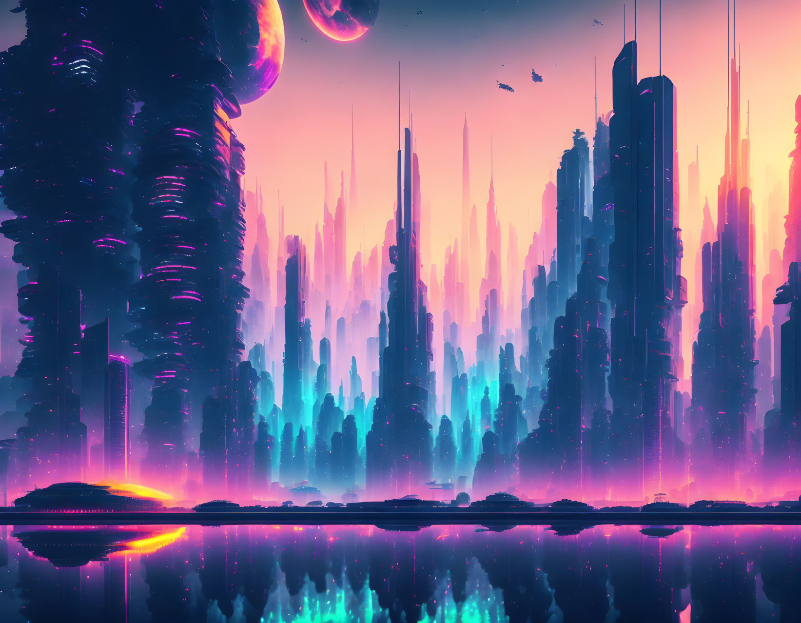 Futuristic cityscape with towering spires, pink and blue sky, planets, water reflections