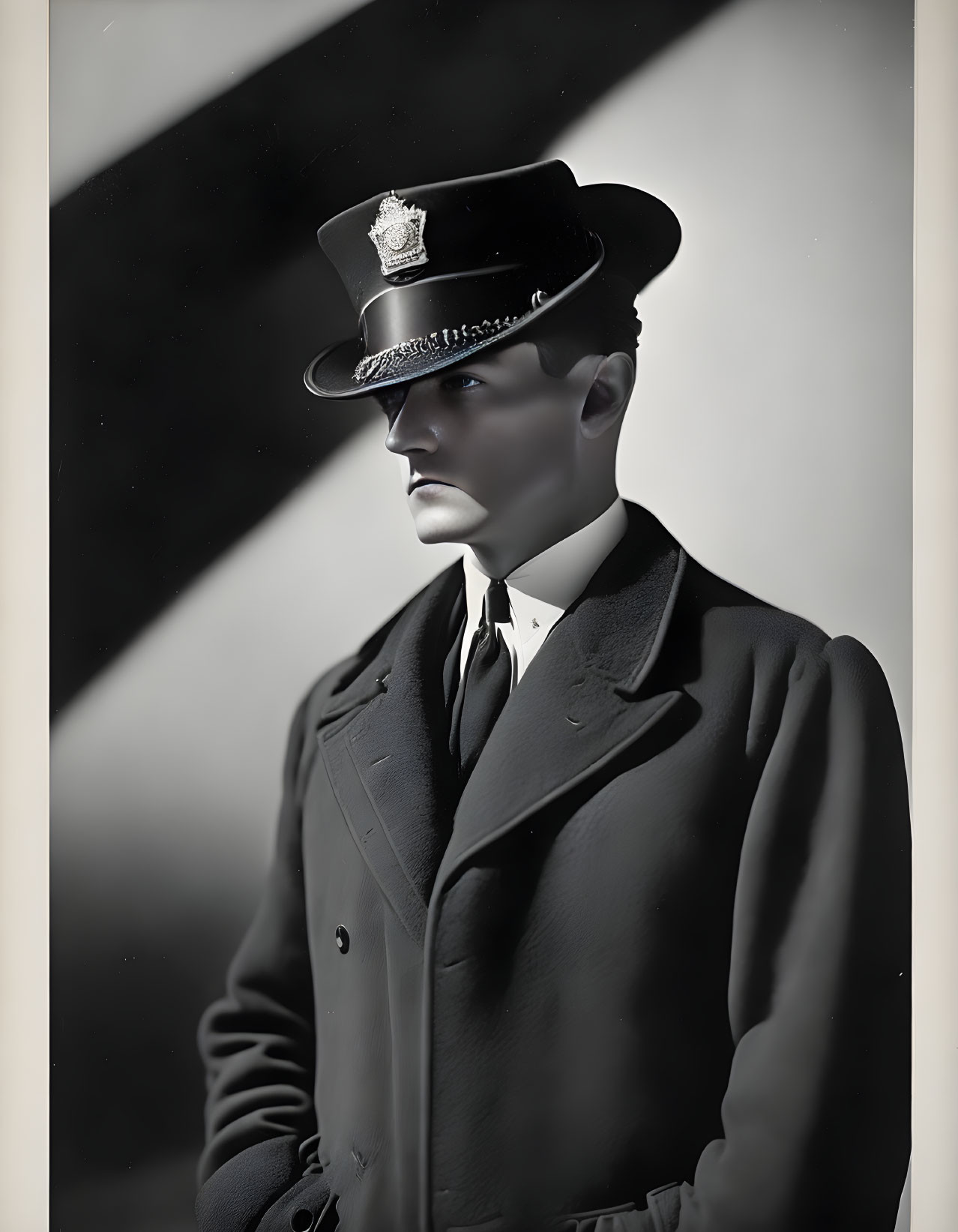 Monochrome photo of mannequin in police uniform with hat and shadow.