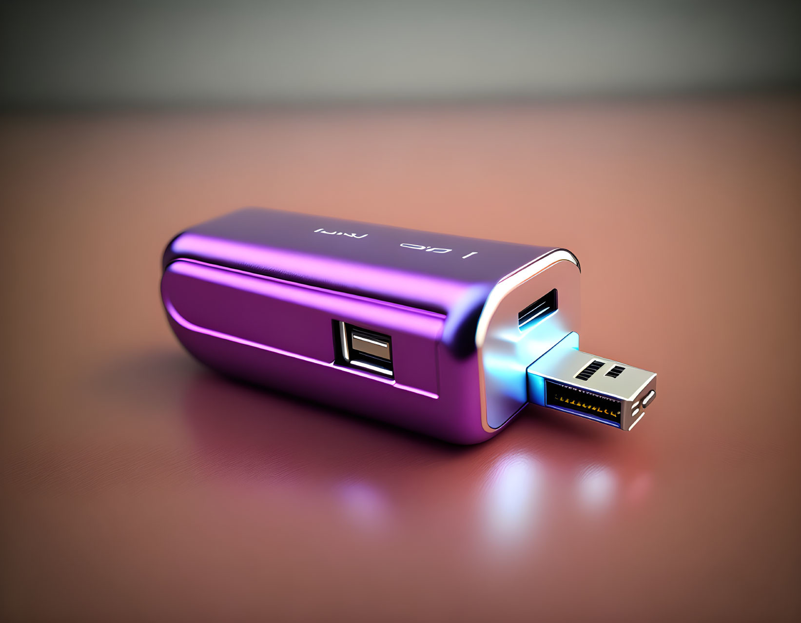 Metallic Purple USB Hub with One Port on Glossy Surface