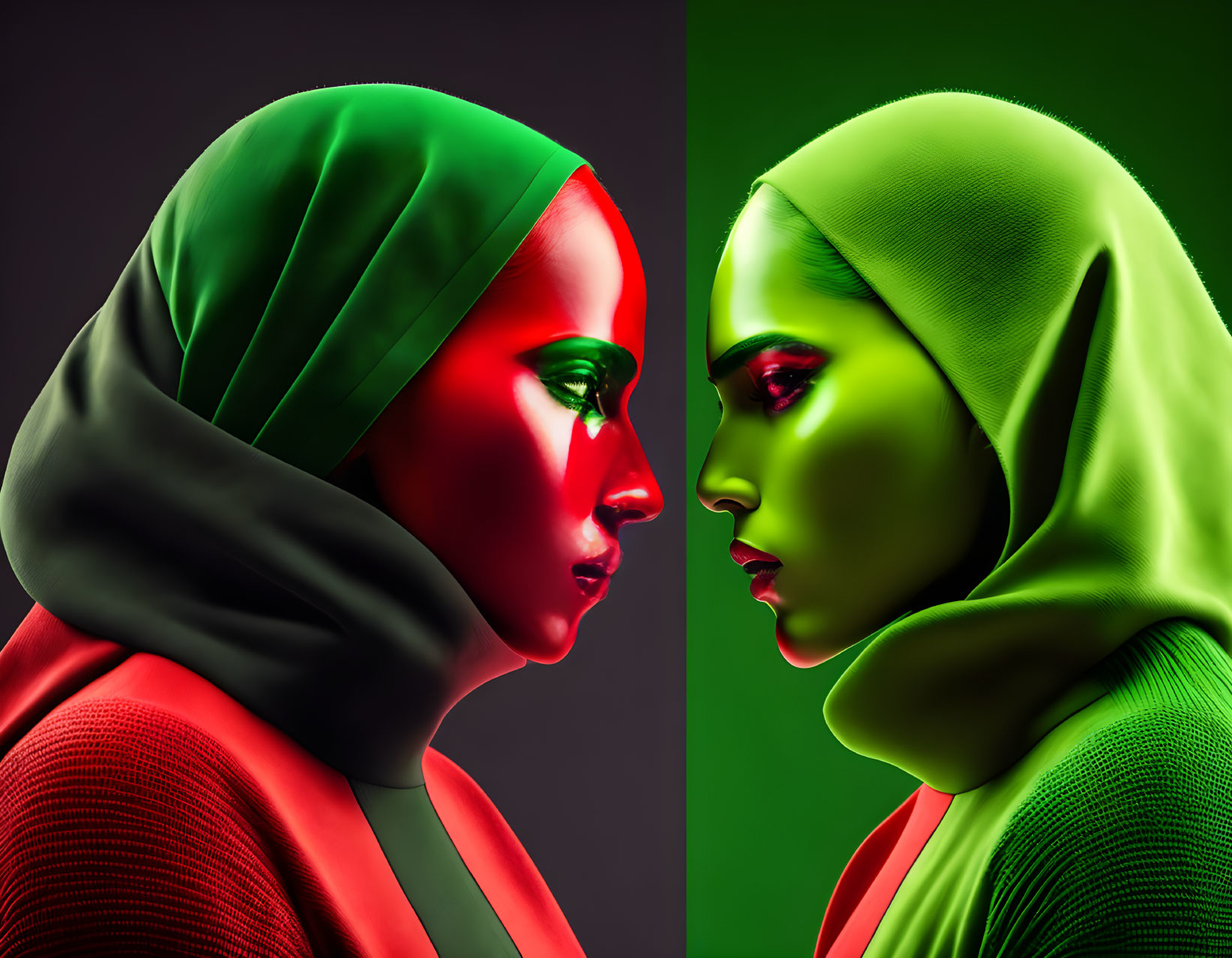 Two women in headscarves under colorful lighting, one in red and the other in green, on