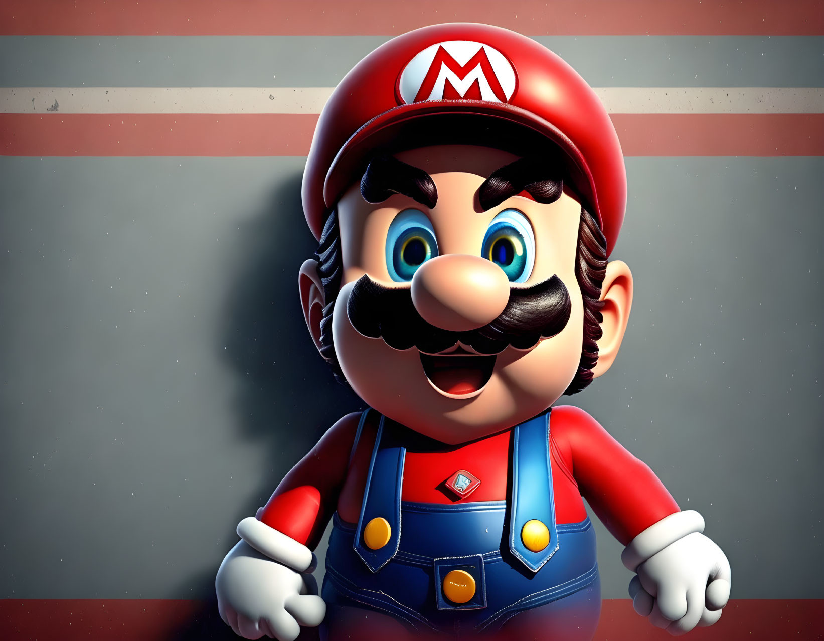 Smiling animated character in red cap and blue overalls with mustache on striped background