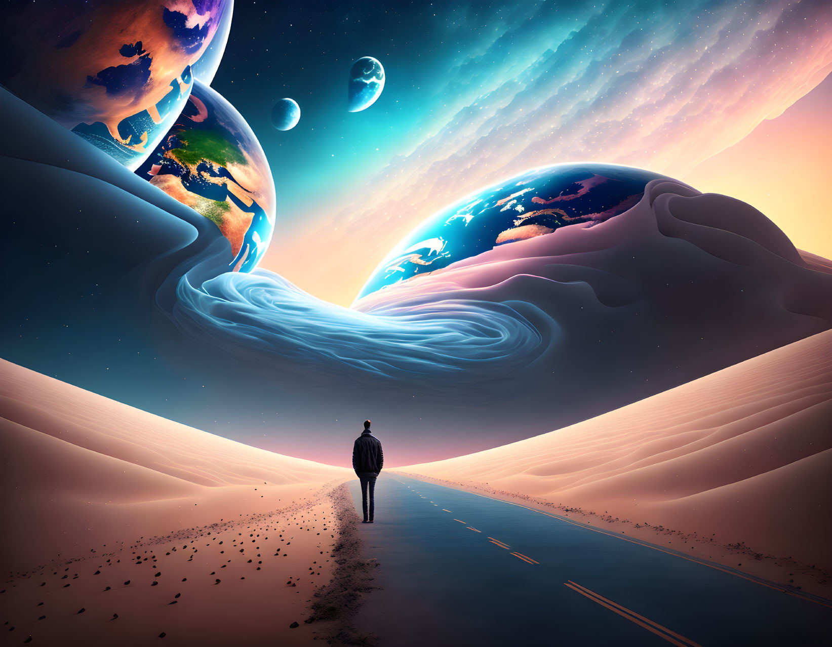 Person Contemplating Surreal Cosmic Desert Scene