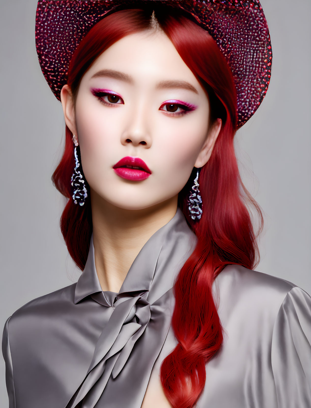 Woman with Red Hair, Purple Hat, and Gray Blouse Portrait