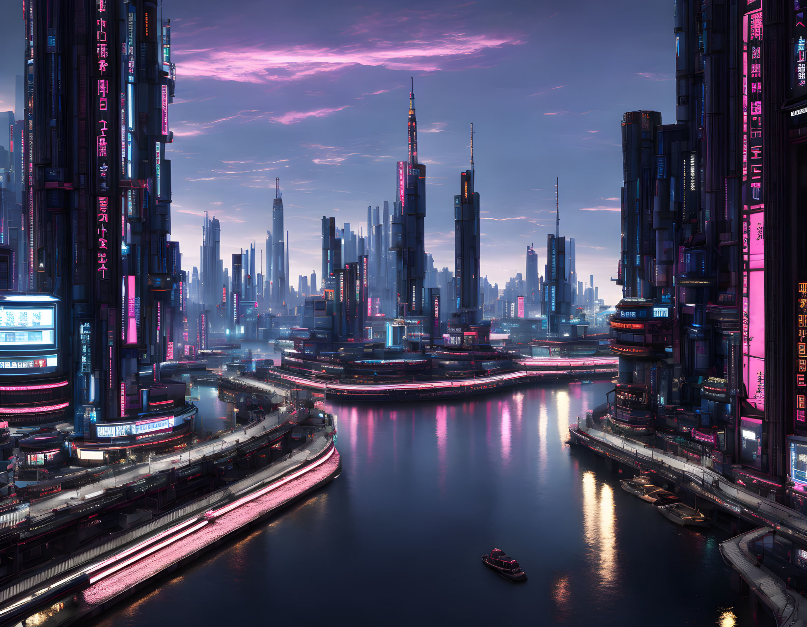 Twilight futuristic cityscape with neon-lit skyscrapers reflected in calm rivers